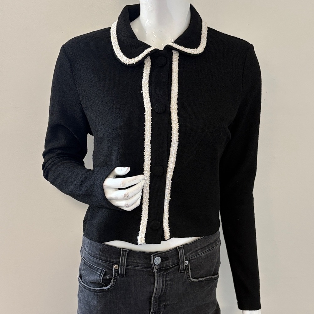 New Season H&M Black Boucle Cardigan w Peter Pan Collar Contrast Cream Stitching - Picture 2 of 6